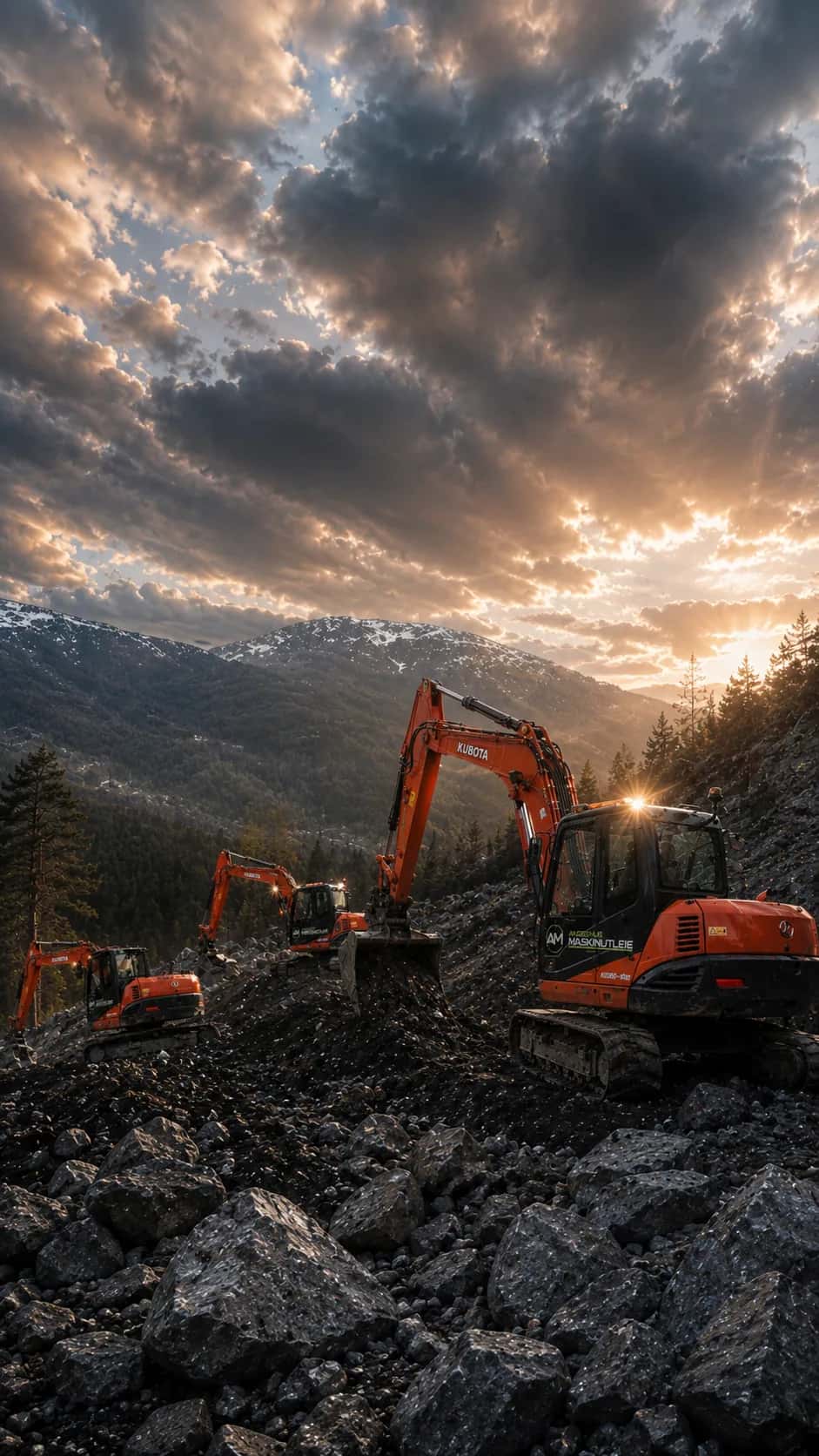 Akershus Maskinutleie — Kubota gravemaskiner i norsk fjellterreng
