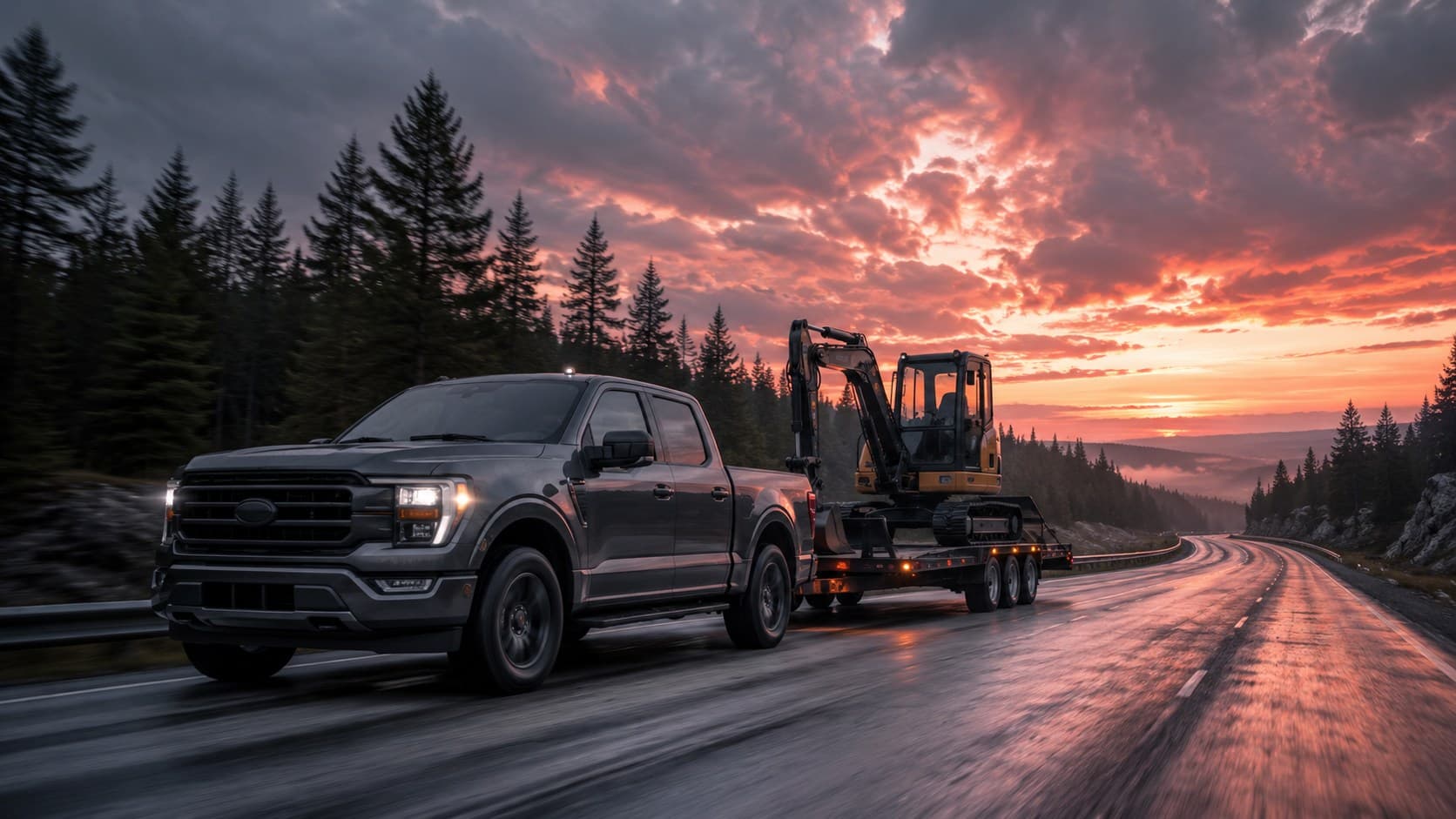 Pickup med henger og gravemaskin